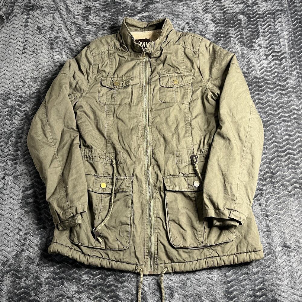 YMI Coat Women’s size Large Olive Green Full zip Pockets Drawstring Style J1343